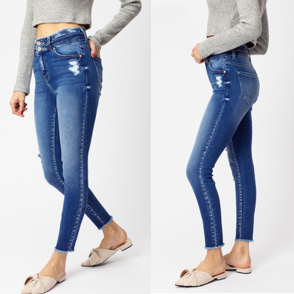 KANCAN High Rise Lightly Destressed Skinny Jeans - Picture 1 of 4